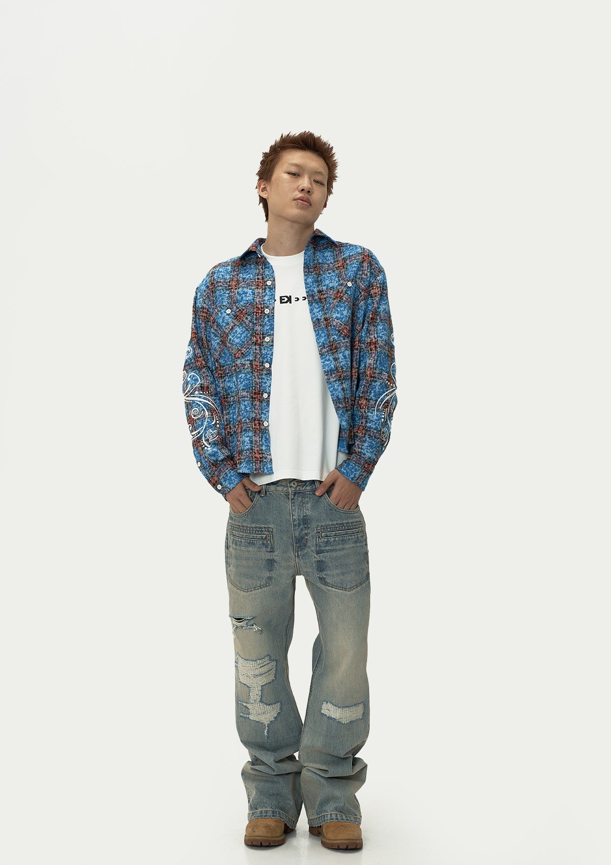 EVILKNIGHT(EK) Floral Embroidered Plaid Long Sleeve Shirt