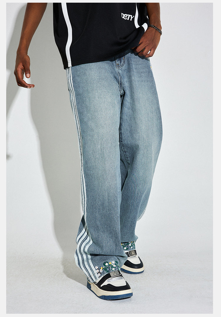 DICETINY Side Striped Floral Embroidered Washed Jeans