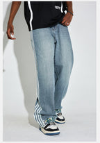DICETINY Side Striped Floral Embroidered Washed Jeans