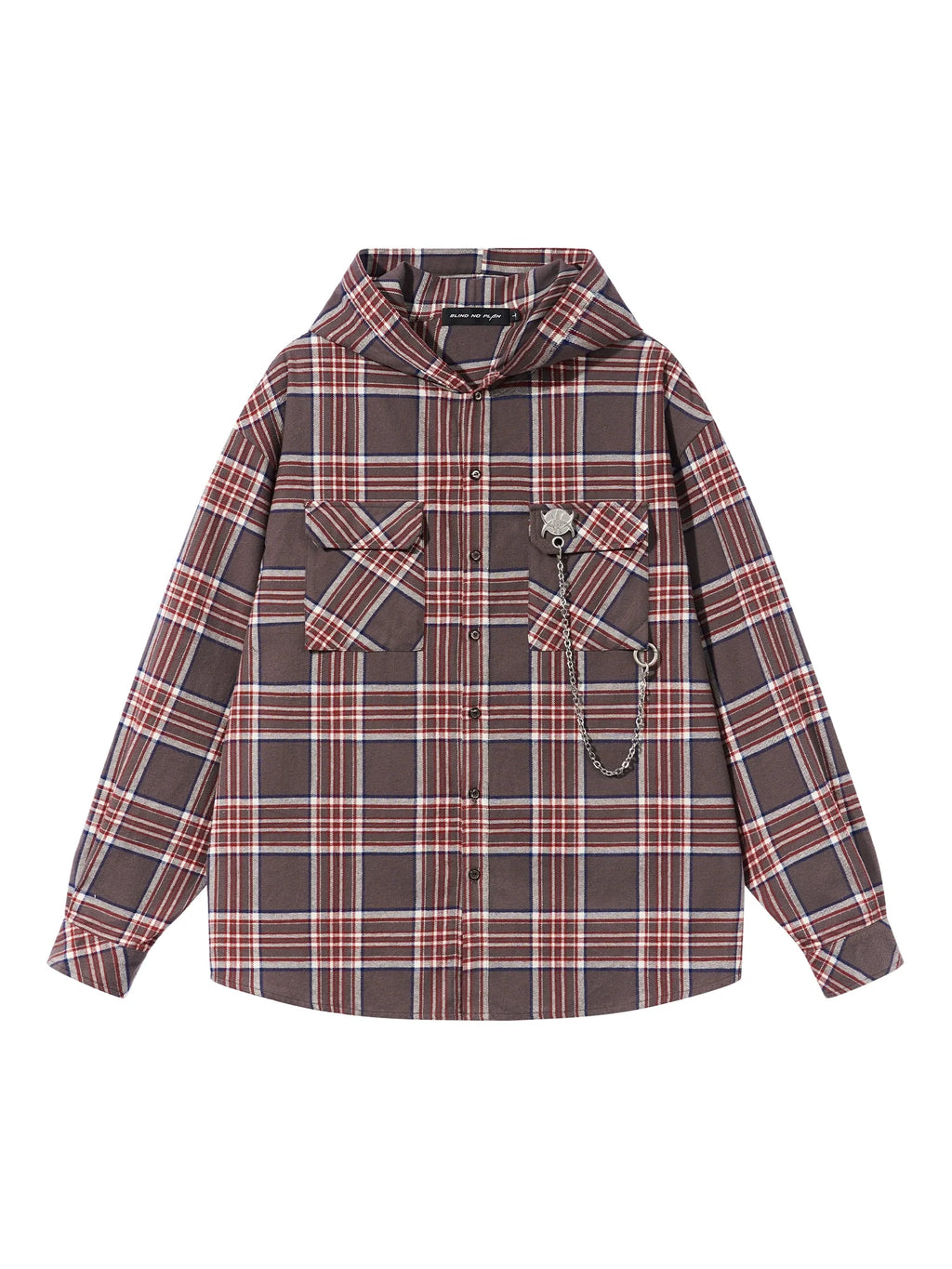 BLIND NO PLAN Metal Chain Hooded Plaid Long Sleeve Shirt