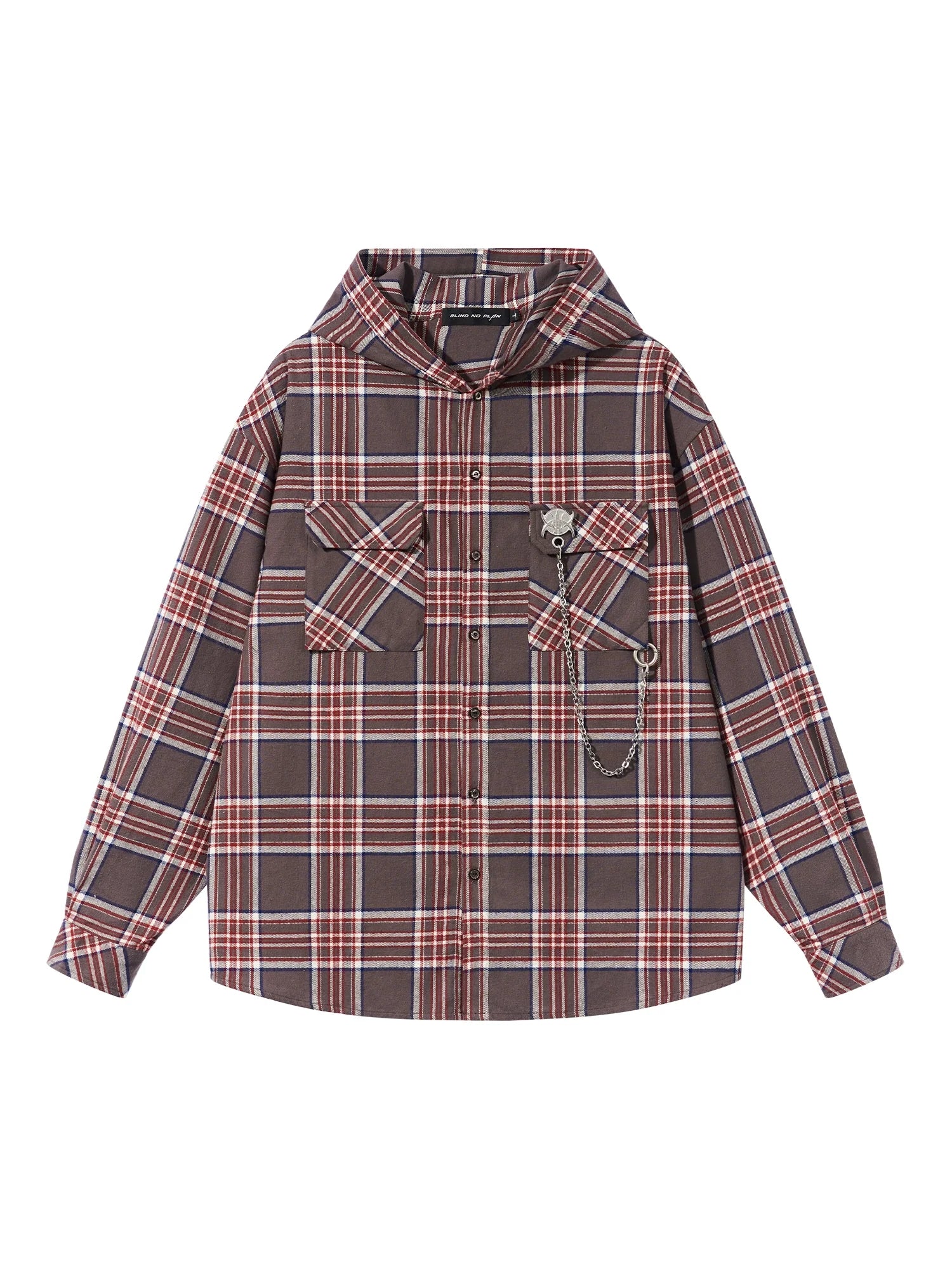 BLIND NO PLAN Metal Chain Hooded Plaid Long Sleeve Shirt