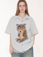 EMPTY REFERENCE Hand Painted Bear Print Plaid Short Sleeve Shirt