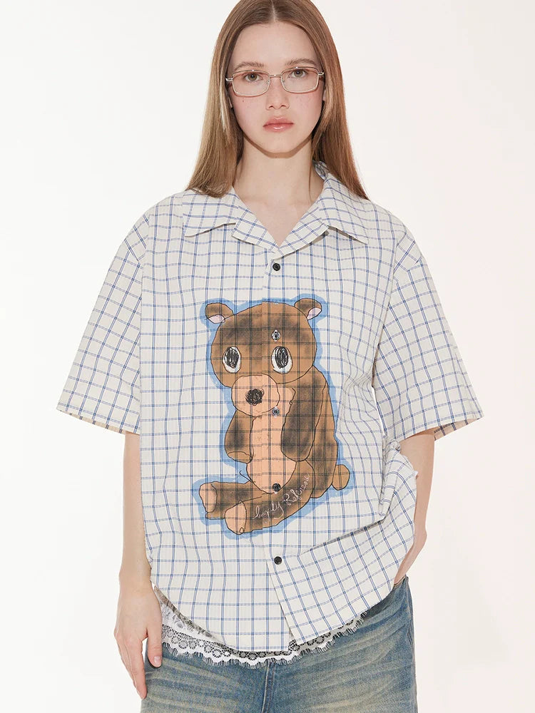 EMPTY REFERENCE Hand Painted Bear Print Plaid Short Sleeve Shirt