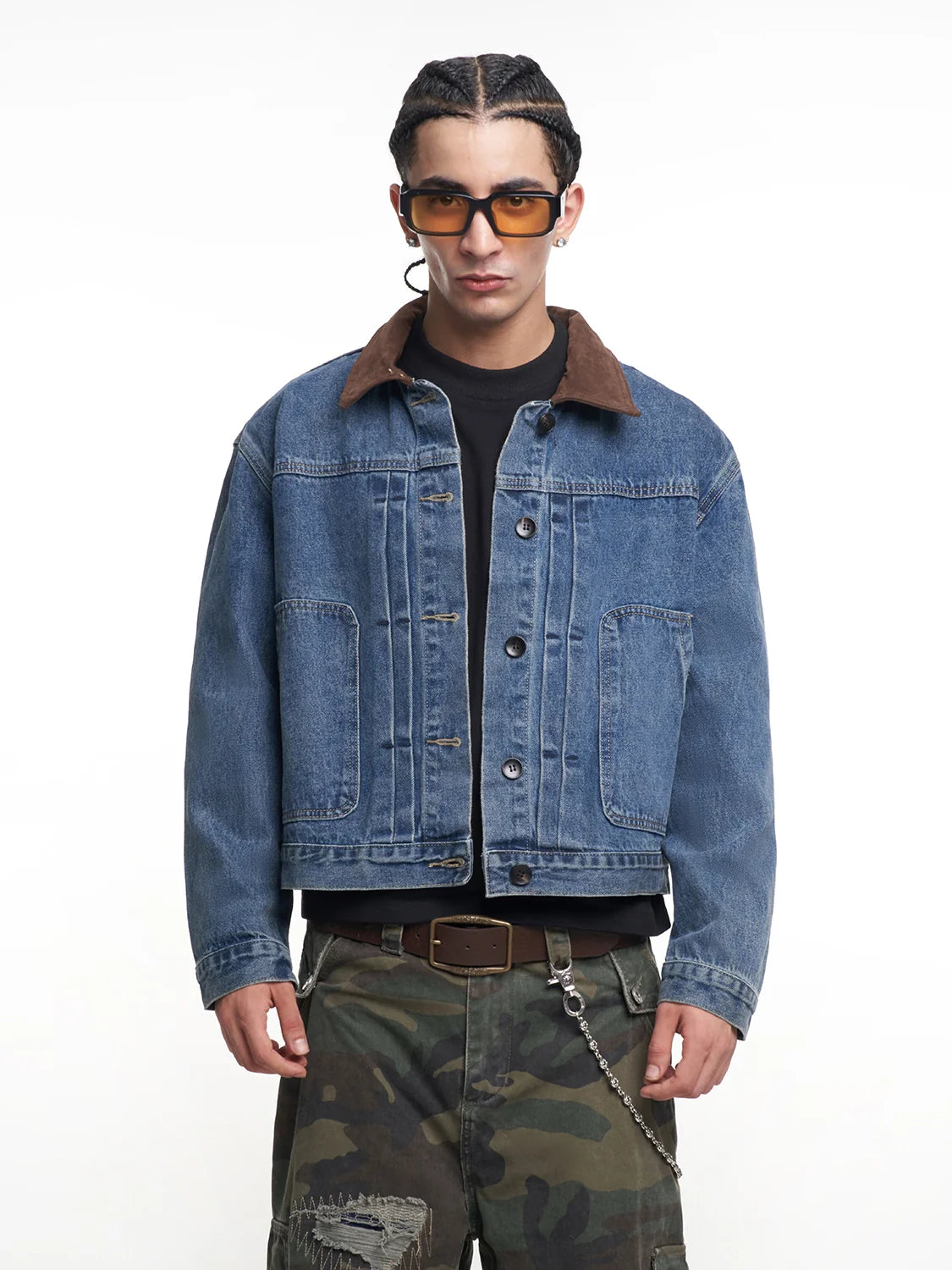 F3F Select Suede Lapel Washed Denim Jacket