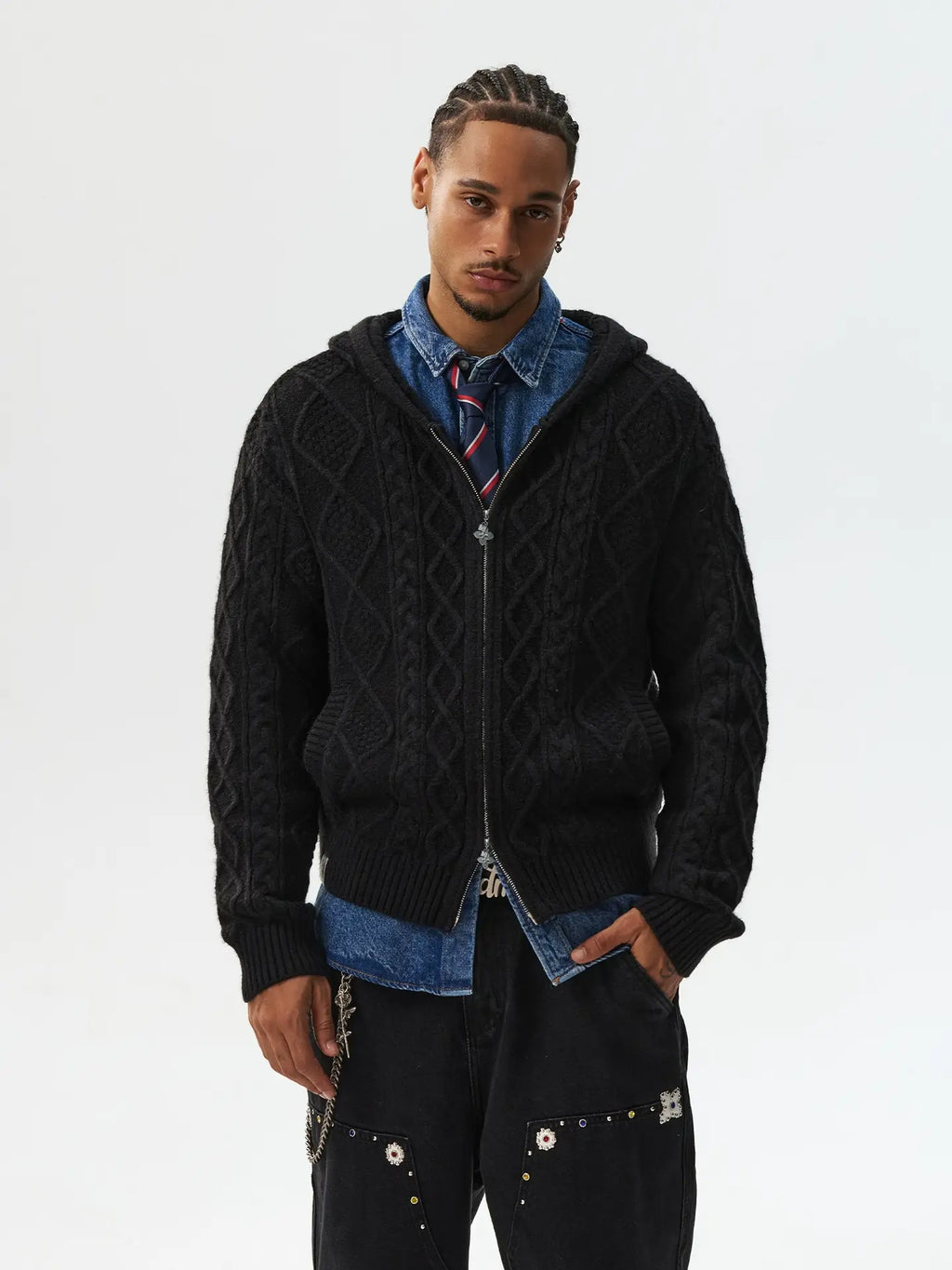 MEDM Hooded Cable Knit Zip Up Cardigan