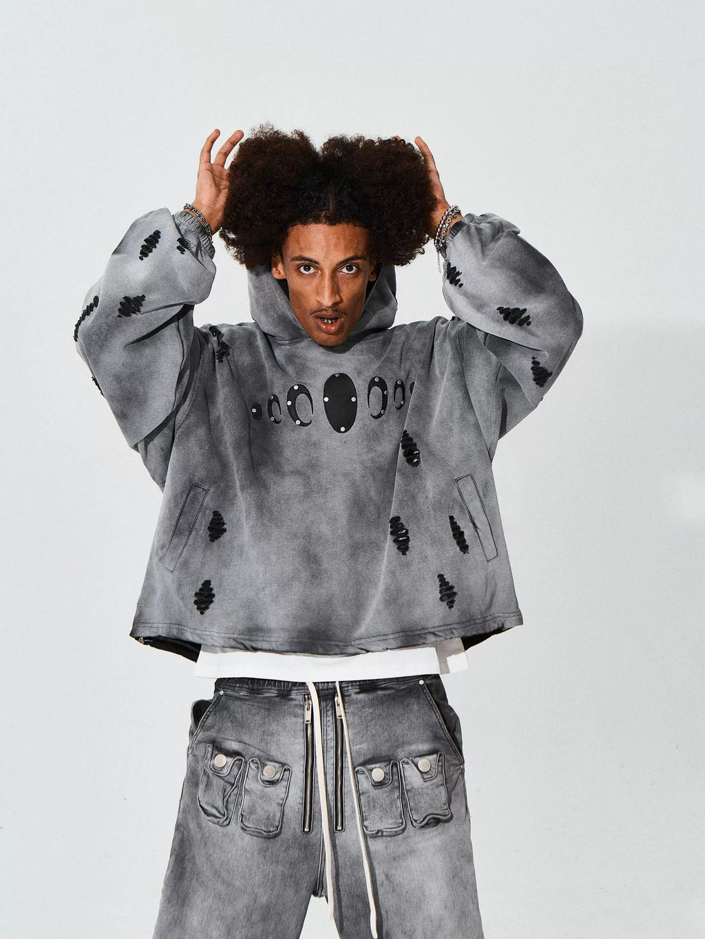 KARMANISTIC Distressed Washed Rivets Hoodie
