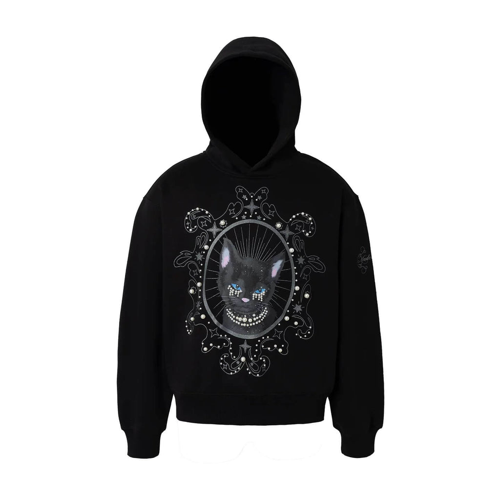 YADcrew Black Cat Print Pearl Hoodie