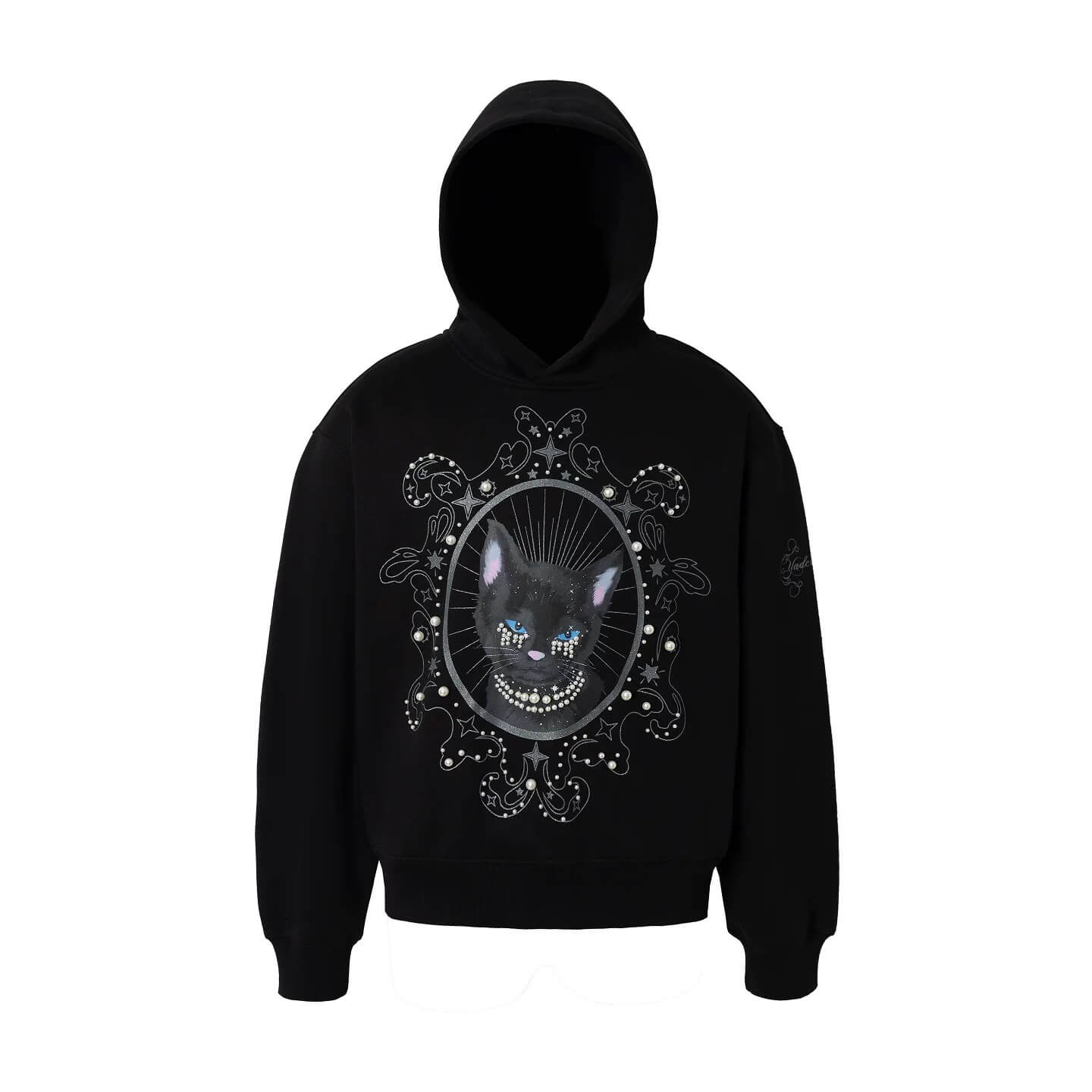 YADcrew Black Cat Print Pearl Hoodie