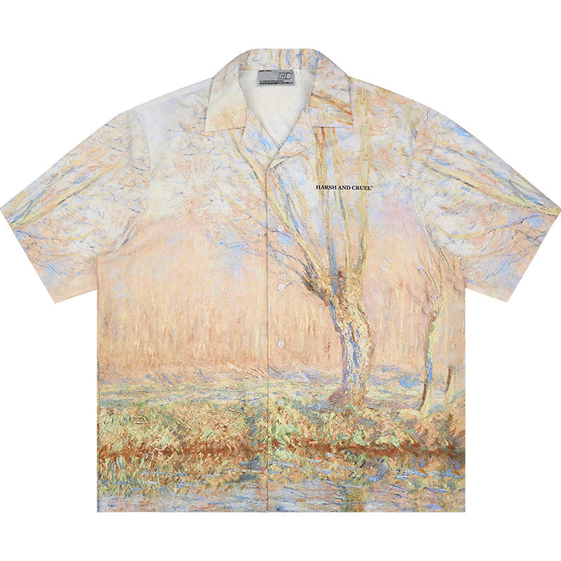 Harsh and Cruel Vintage Forest Lake Oil Painting Cuban Shirt
