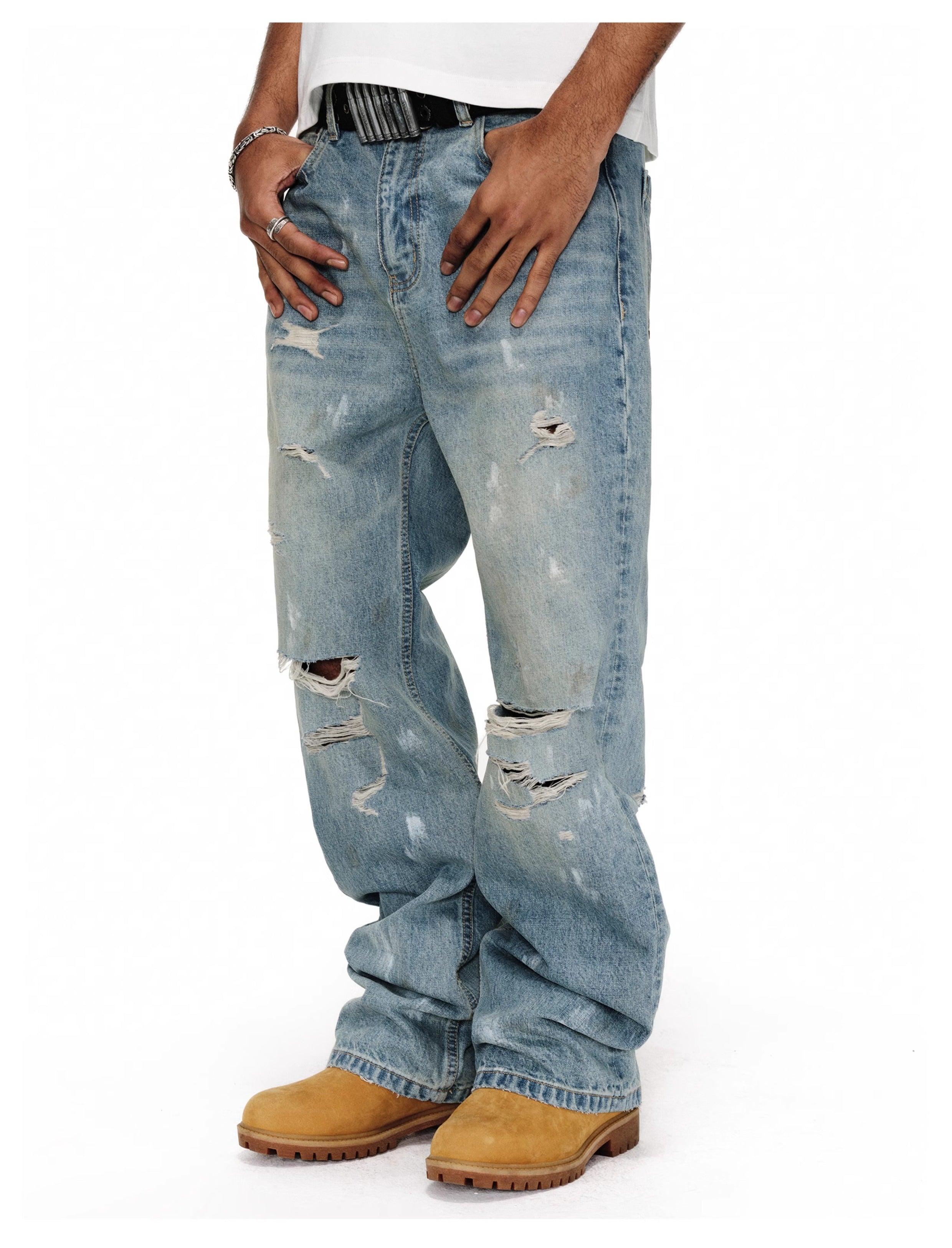 ANTIDOTE Washed Ripped Holes Light Blue Flared Jeans