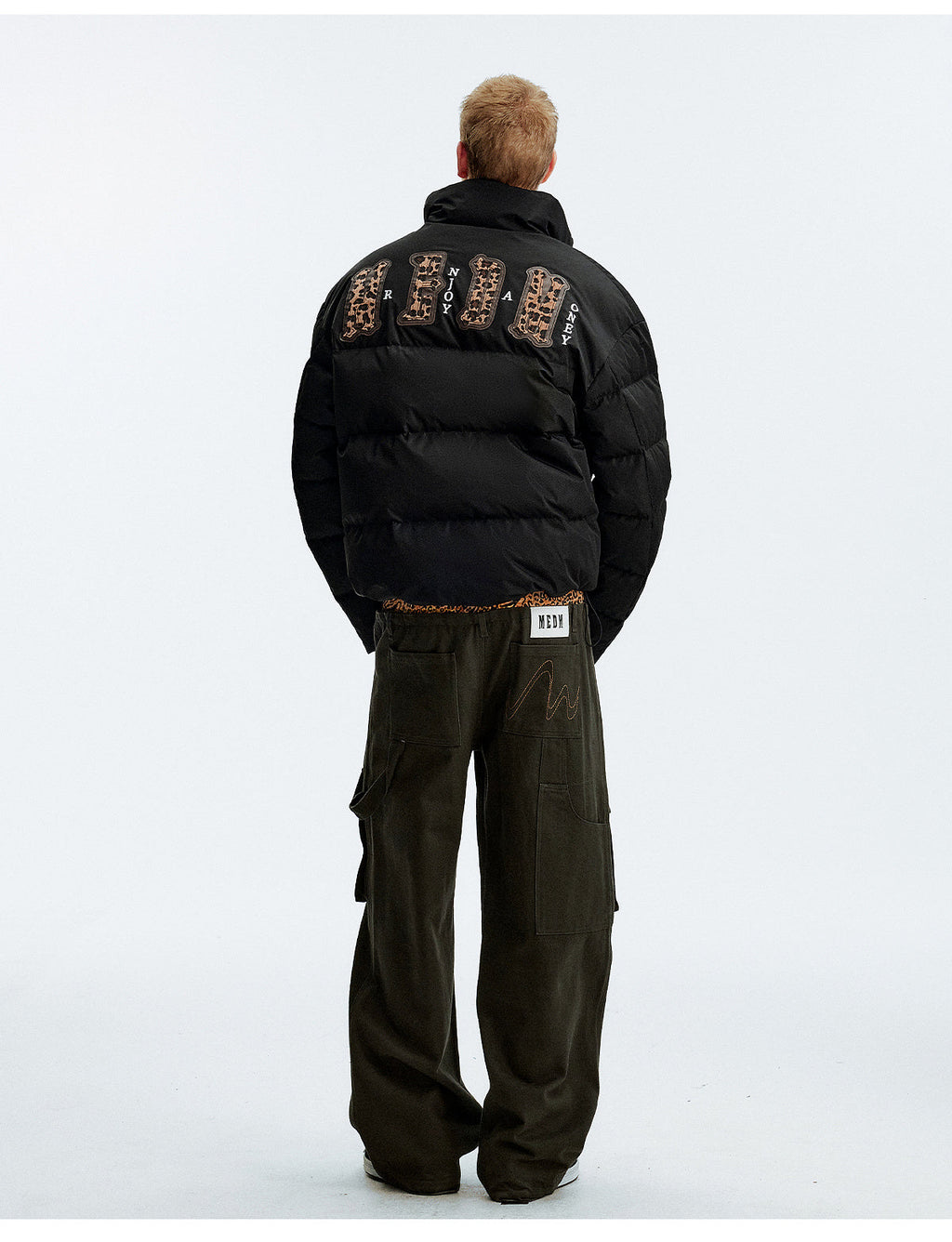 MEDM Leopard Collar Logo Patch Down Jacket