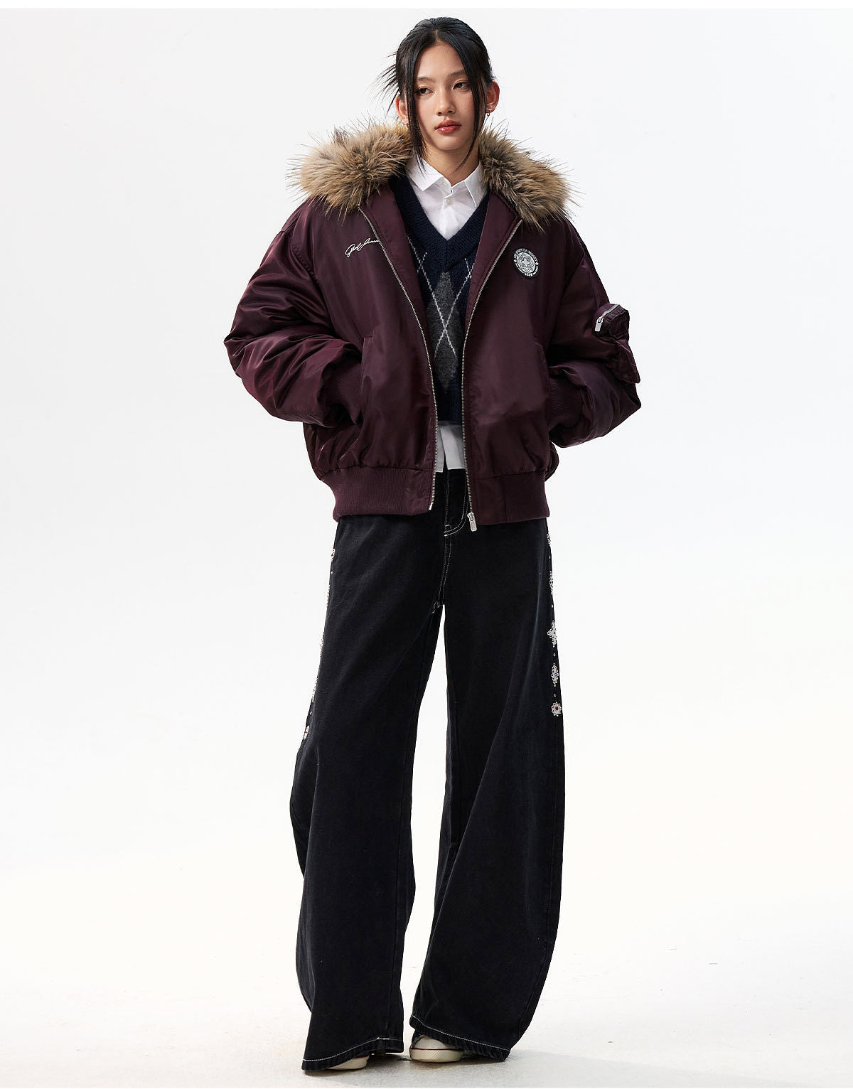 MEDM Silicone Logo Patch Fur Hooded Bomber Jacket