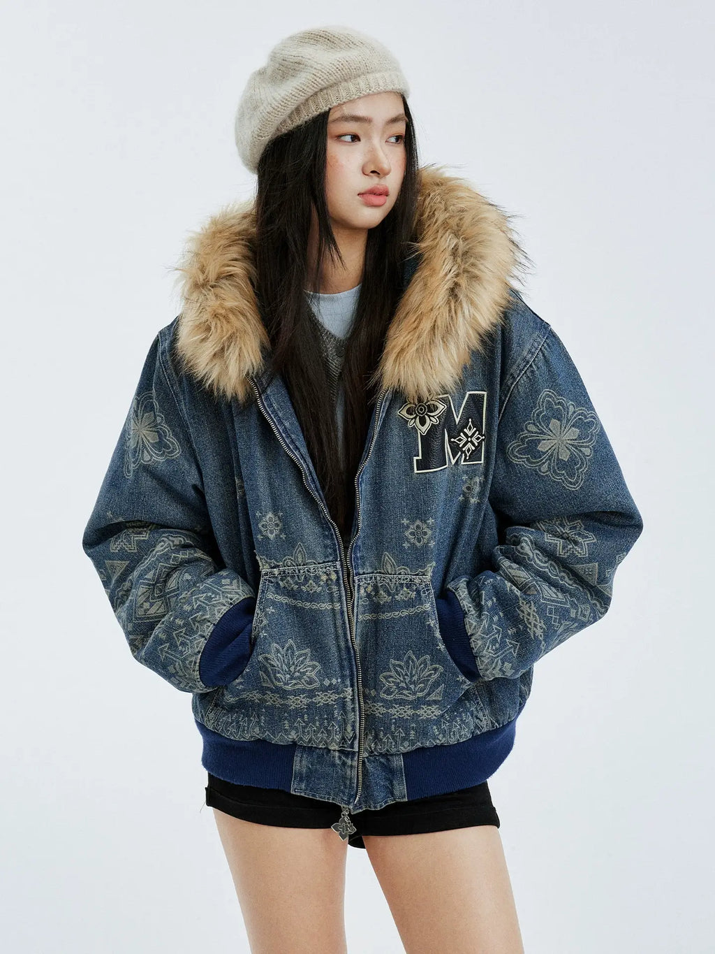 MEDM Ethnic Paisley Denim Hooded Jacket