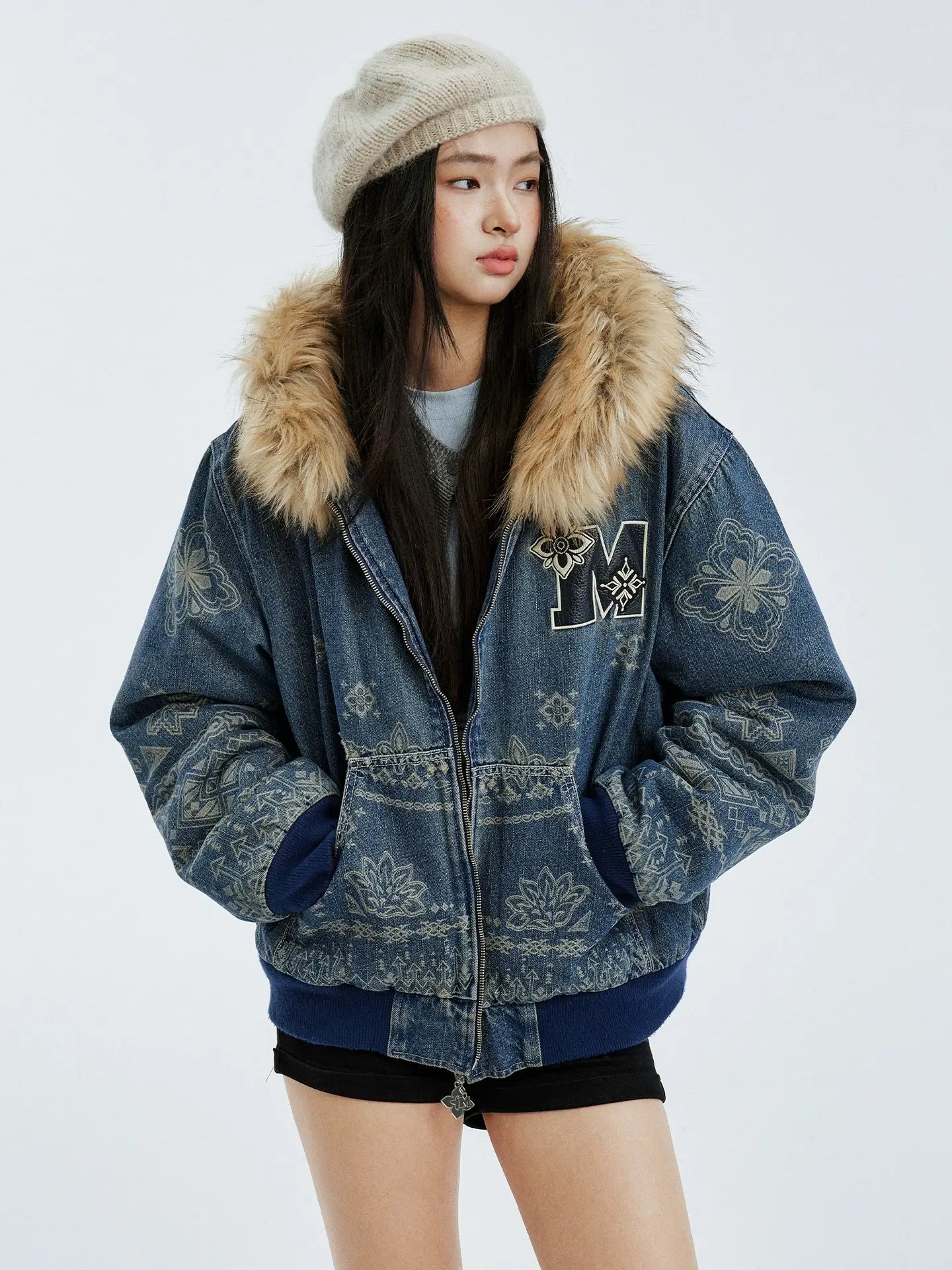 MEDM Ethnic Paisley Denim Hooded Jacket