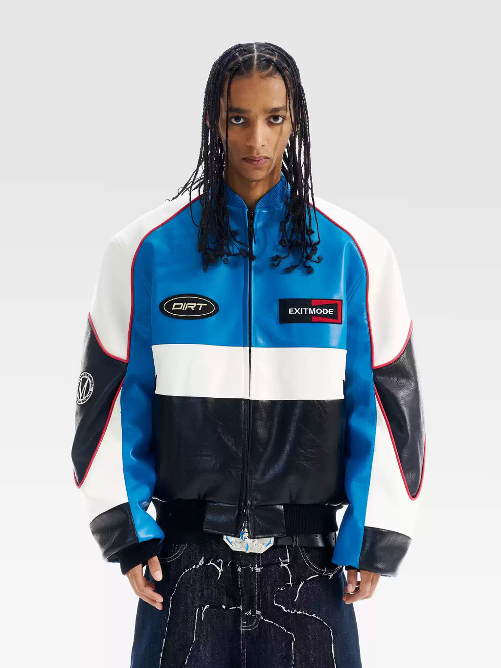 BLIND NO PLAN Color Block Embroidered Racing Leather Jacket