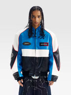 BLIND NO PLAN Color Block Embroidered Racing Leather Jacket