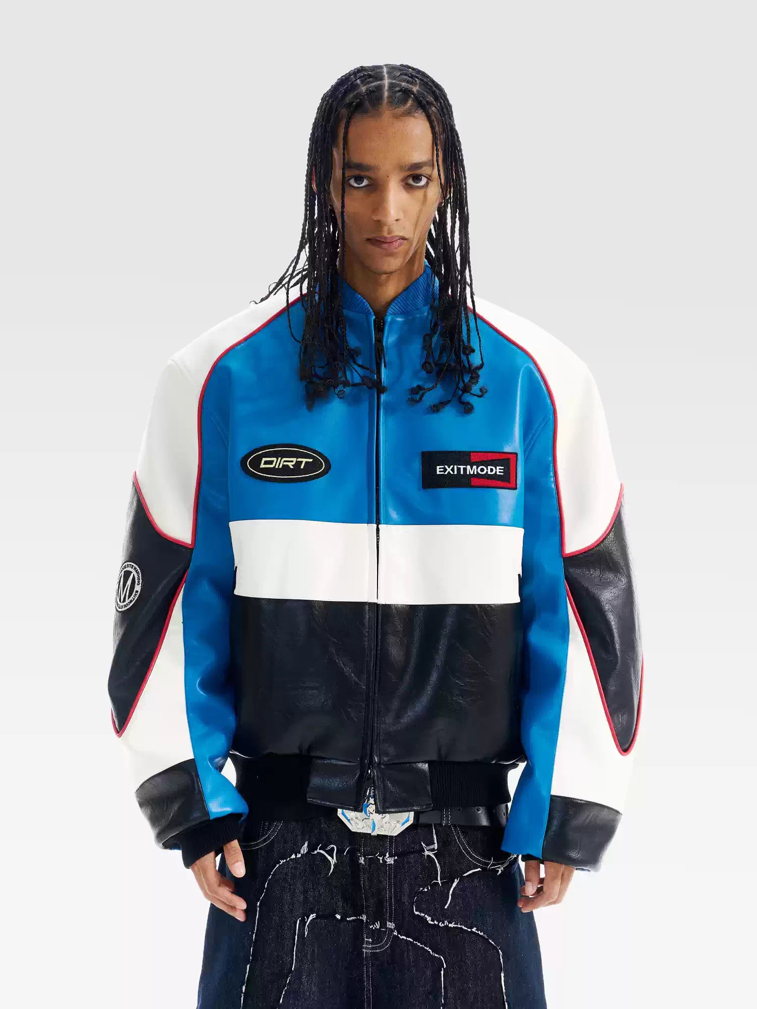 BLIND NO PLAN Color Block Embroidered Racing Leather Jacket