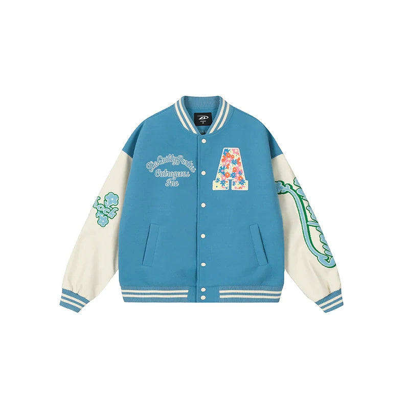 Achock Colorful Flower Logo Embroidery Varsity Jacket