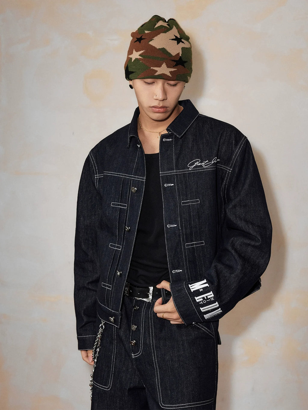 MEDM Embroidered Raw Denim Jacket