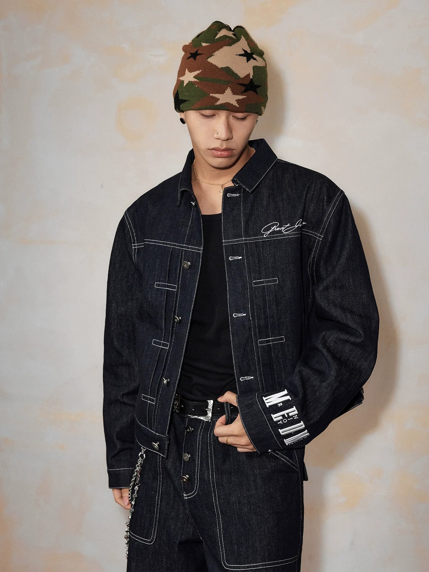 MEDM Embroidered Raw Denim Jacket