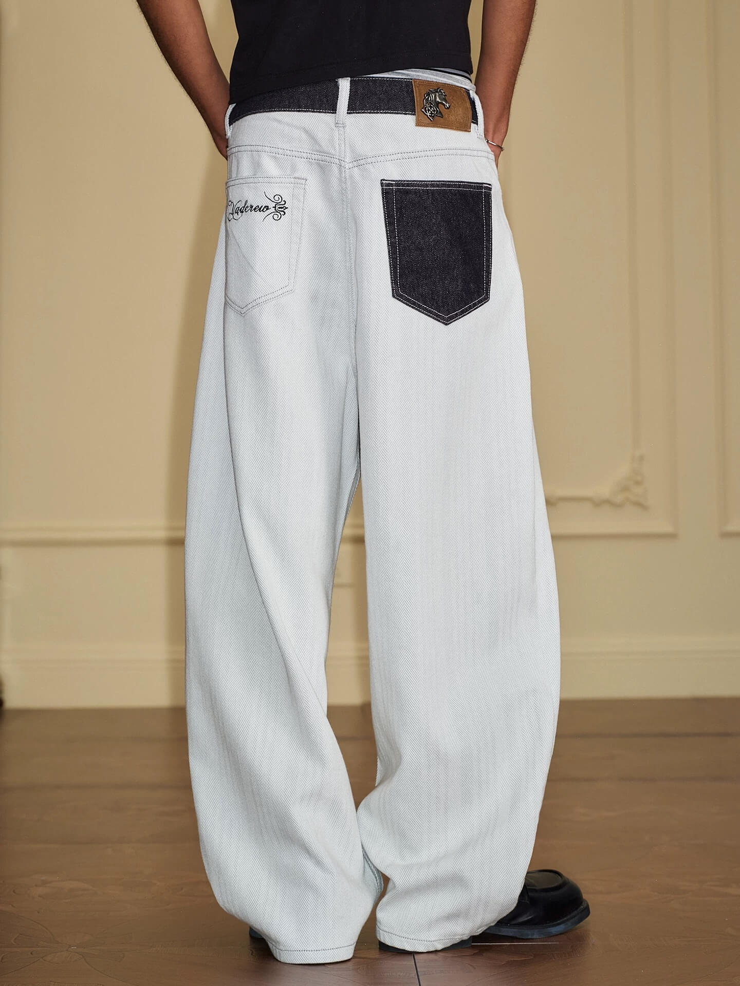 YADcrew Herringbone Waist Contrast Baggy Jeans