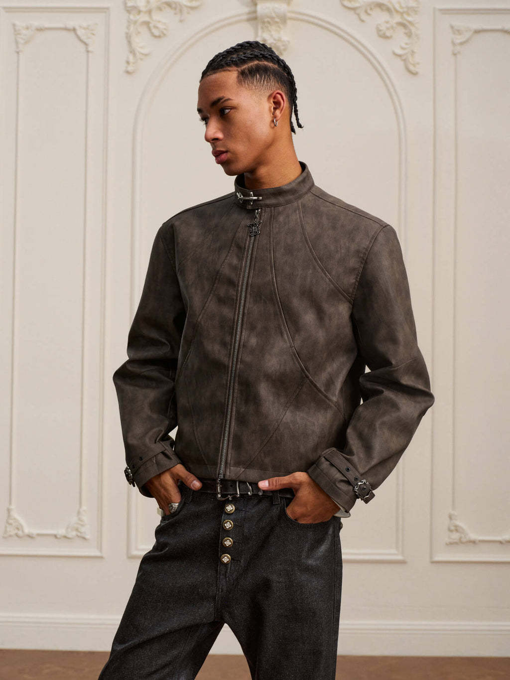 YADcrew Washed PU Leather Racing Jacket