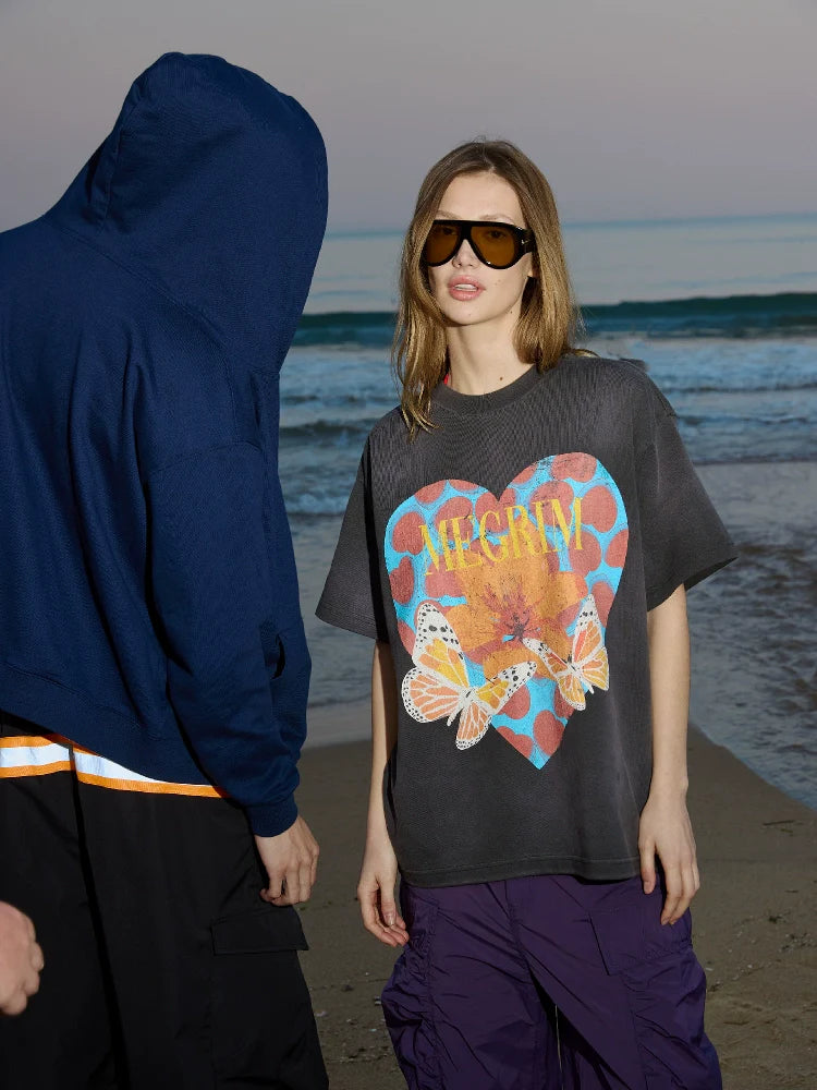 RUSURE Washed Butterfly Heart Print Tee