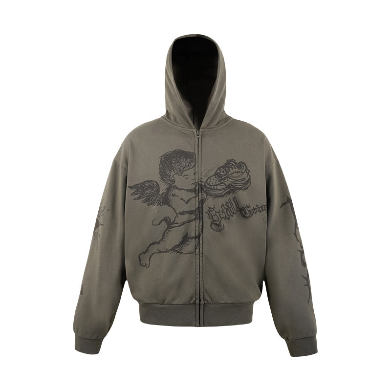 1807 Graffiti Angel Print Zip Up Hoodie