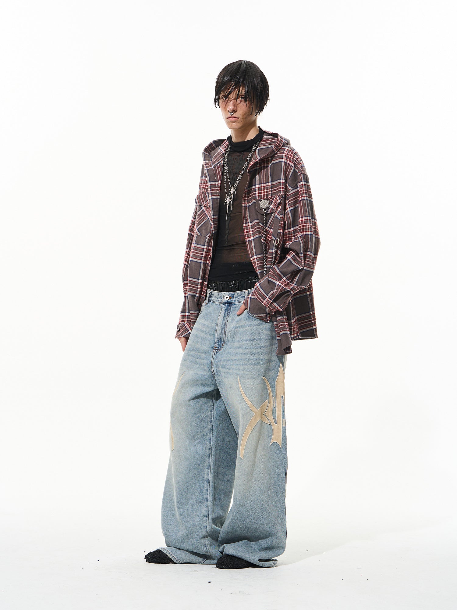 BLIND NO PLAN Metal Chain Hooded Plaid Long Sleeve Shirt