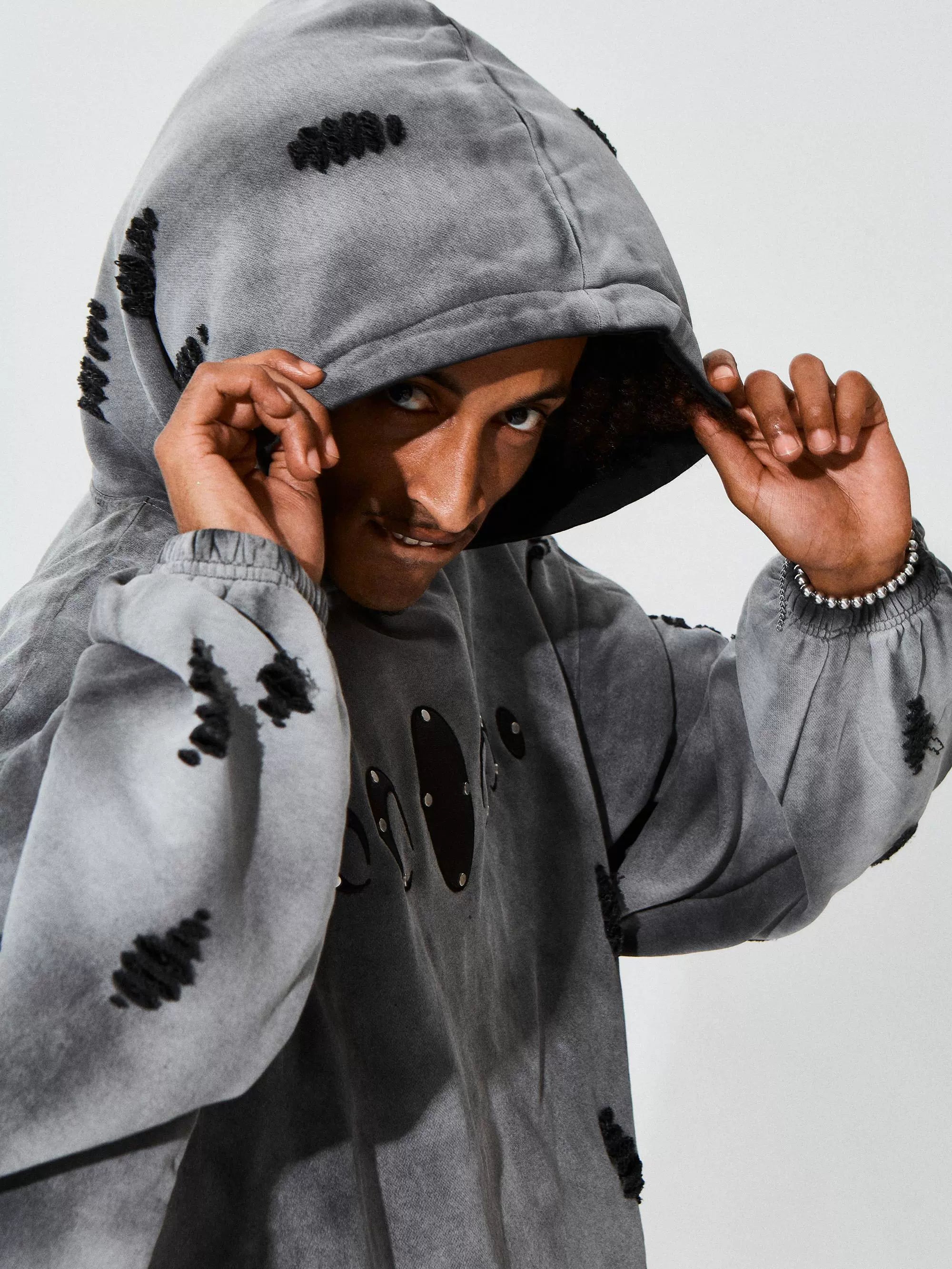 KARMANISTIC Distressed Washed Rivets Hoodie