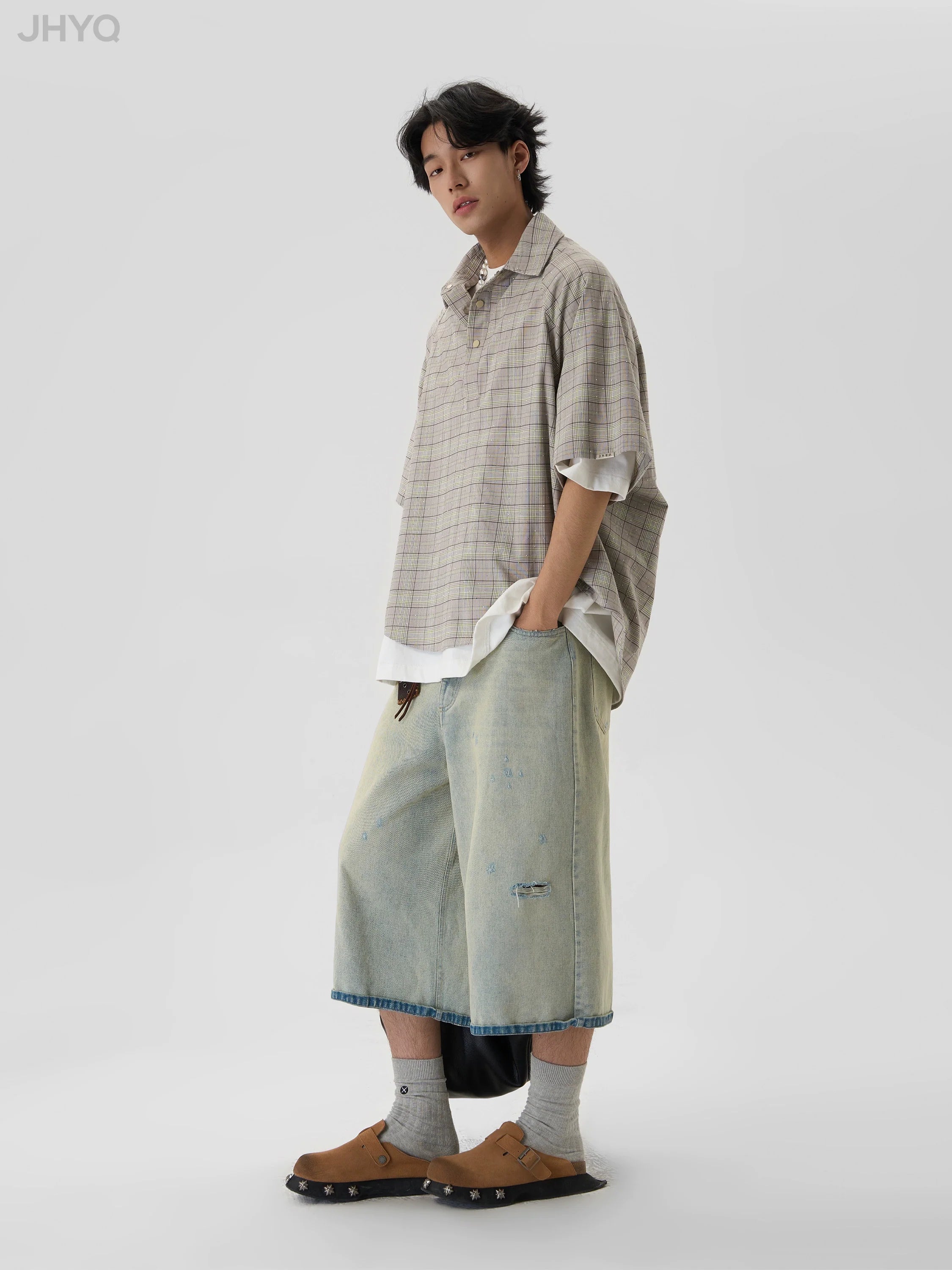 JHYQ Plaid Hot Diamond Pullover Short Sleeve Shirt