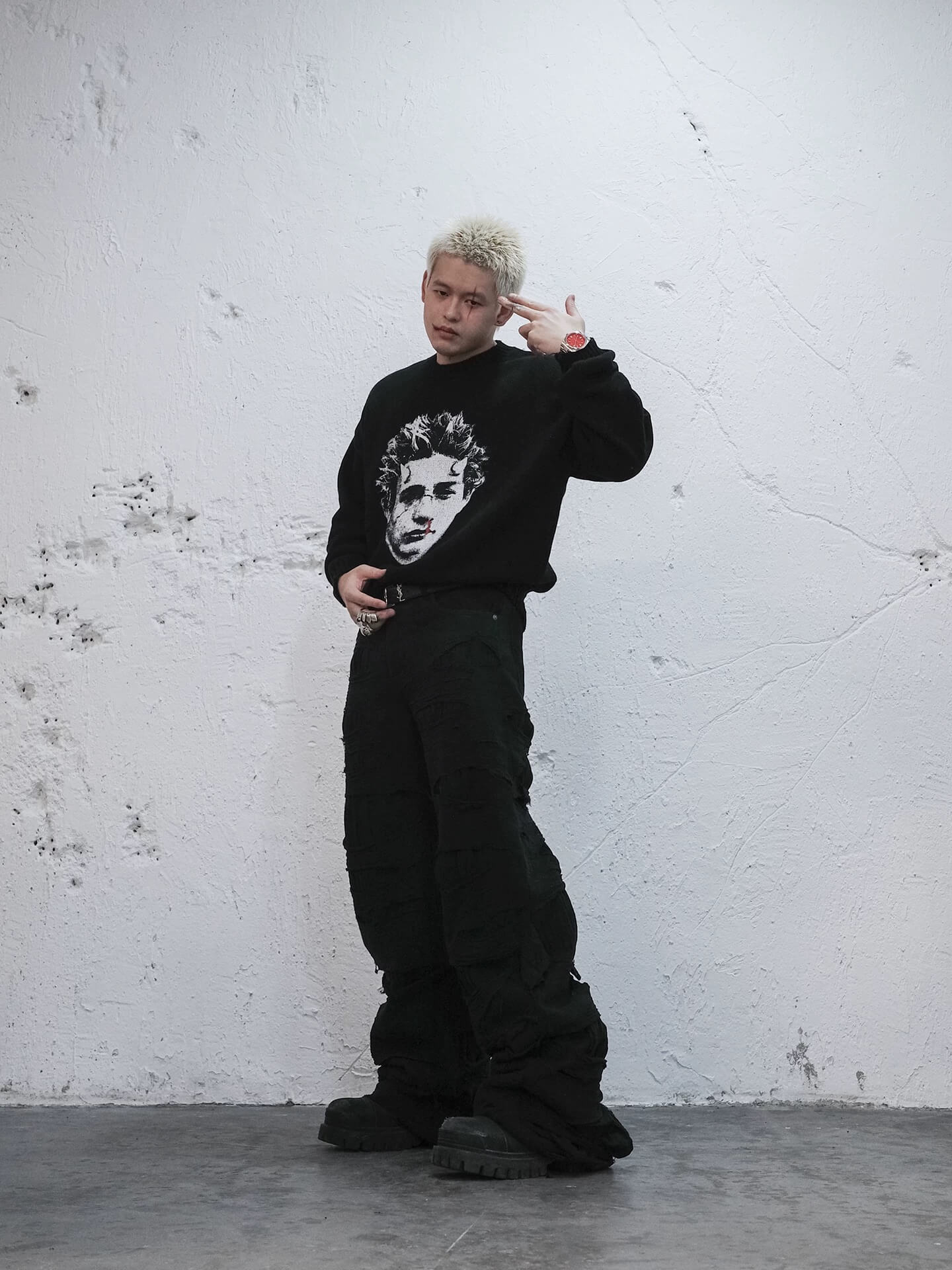 UNDERWATER Demon Digital Print Distressed Knit Sweater