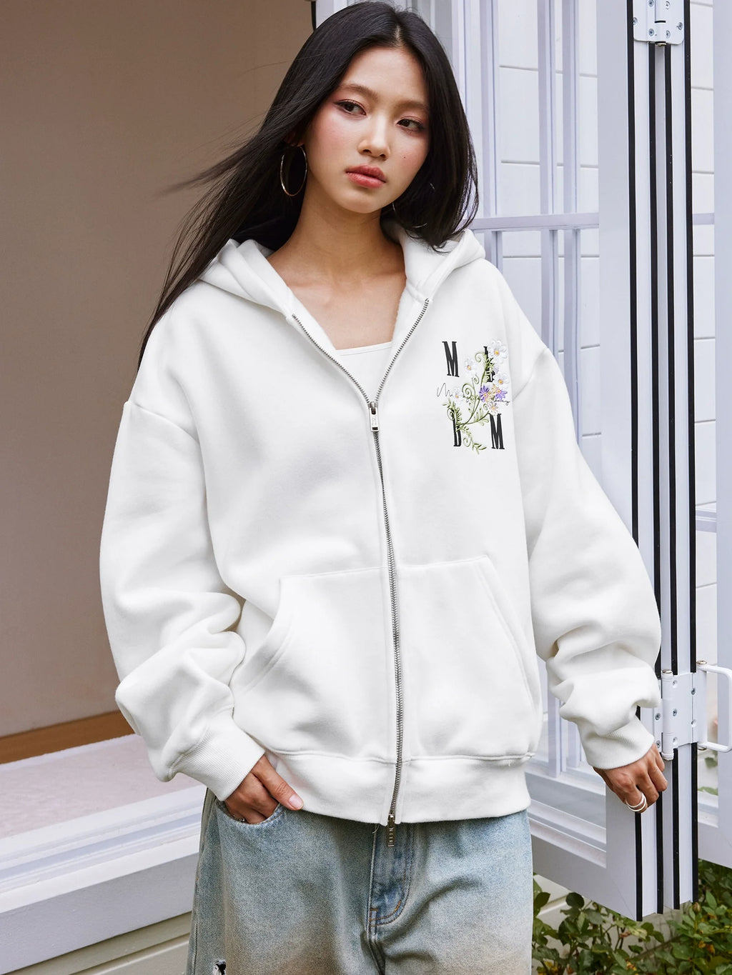 MEDM Floral Logo Embroidered Zip Up Hoodie