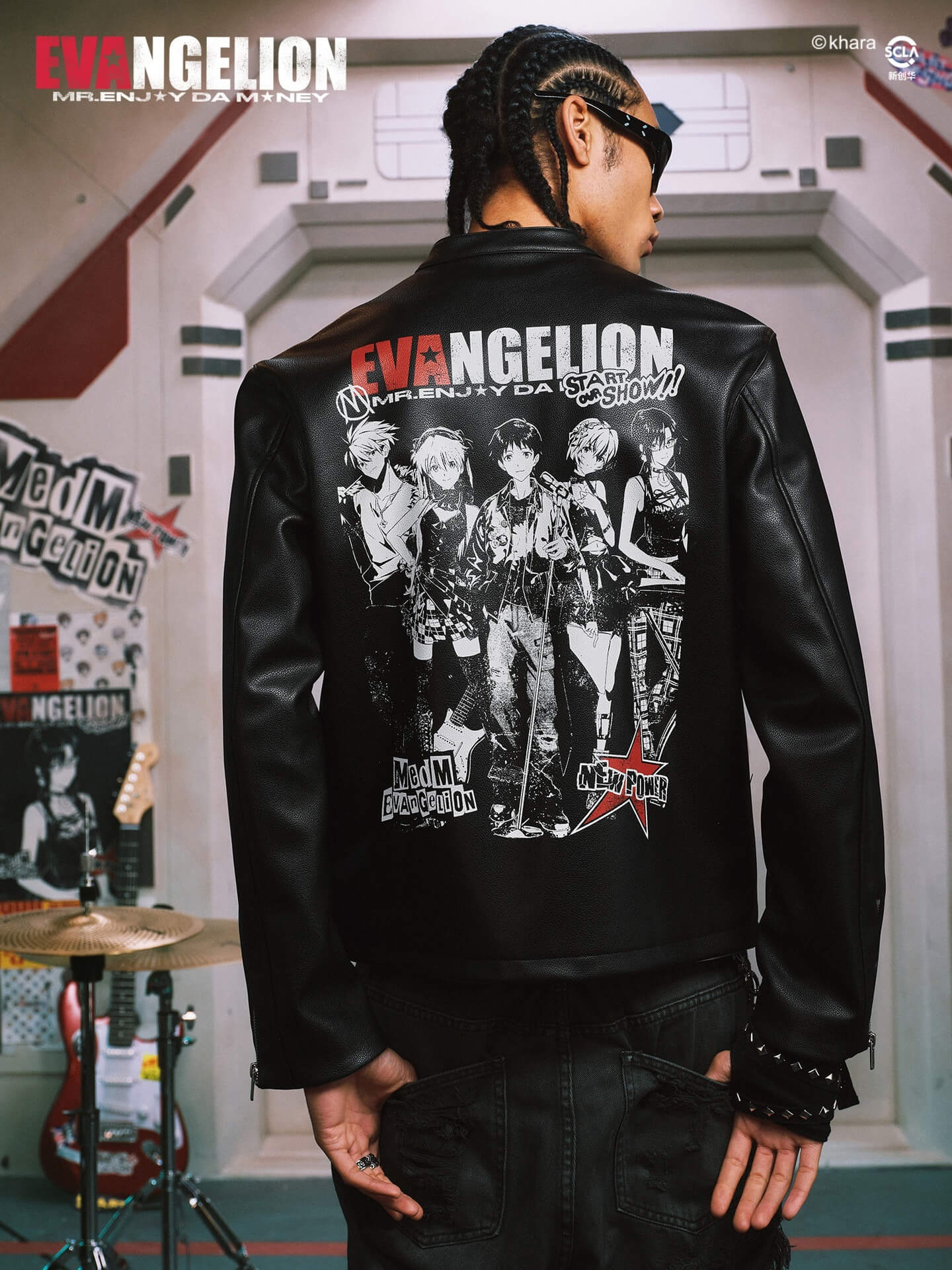 MEDM x EVA NEVER END Flame Character Portraits PU Leather Biker Jacket