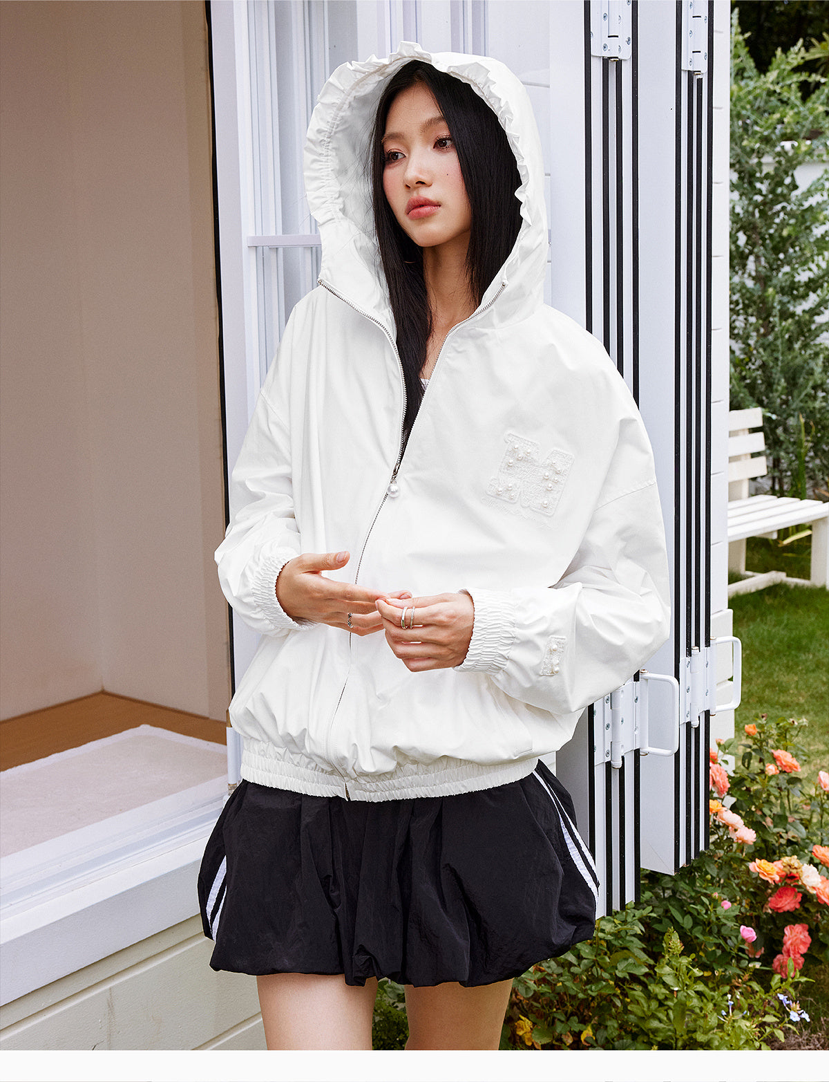 MEDM Pearl Logo Lace Hooded Zip Jacket