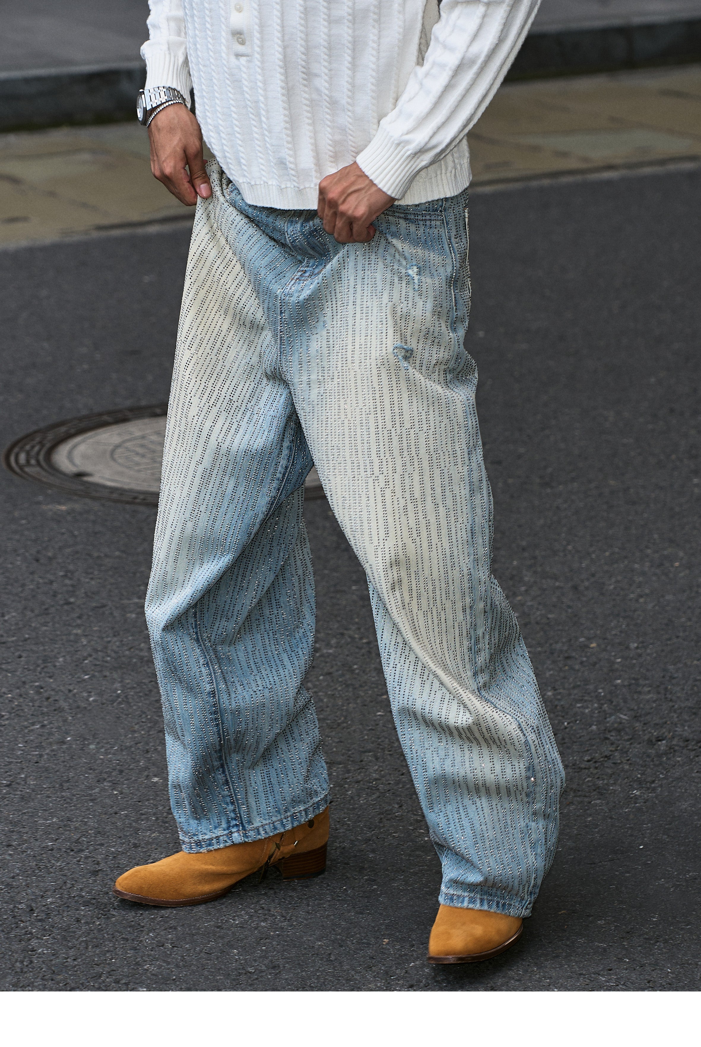 STEEPC Sparkling Rhinestone Washed Baggy Jeans