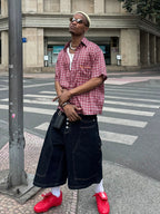 STEEPC Plaid Boxy Wide Short Sleeve Shirt