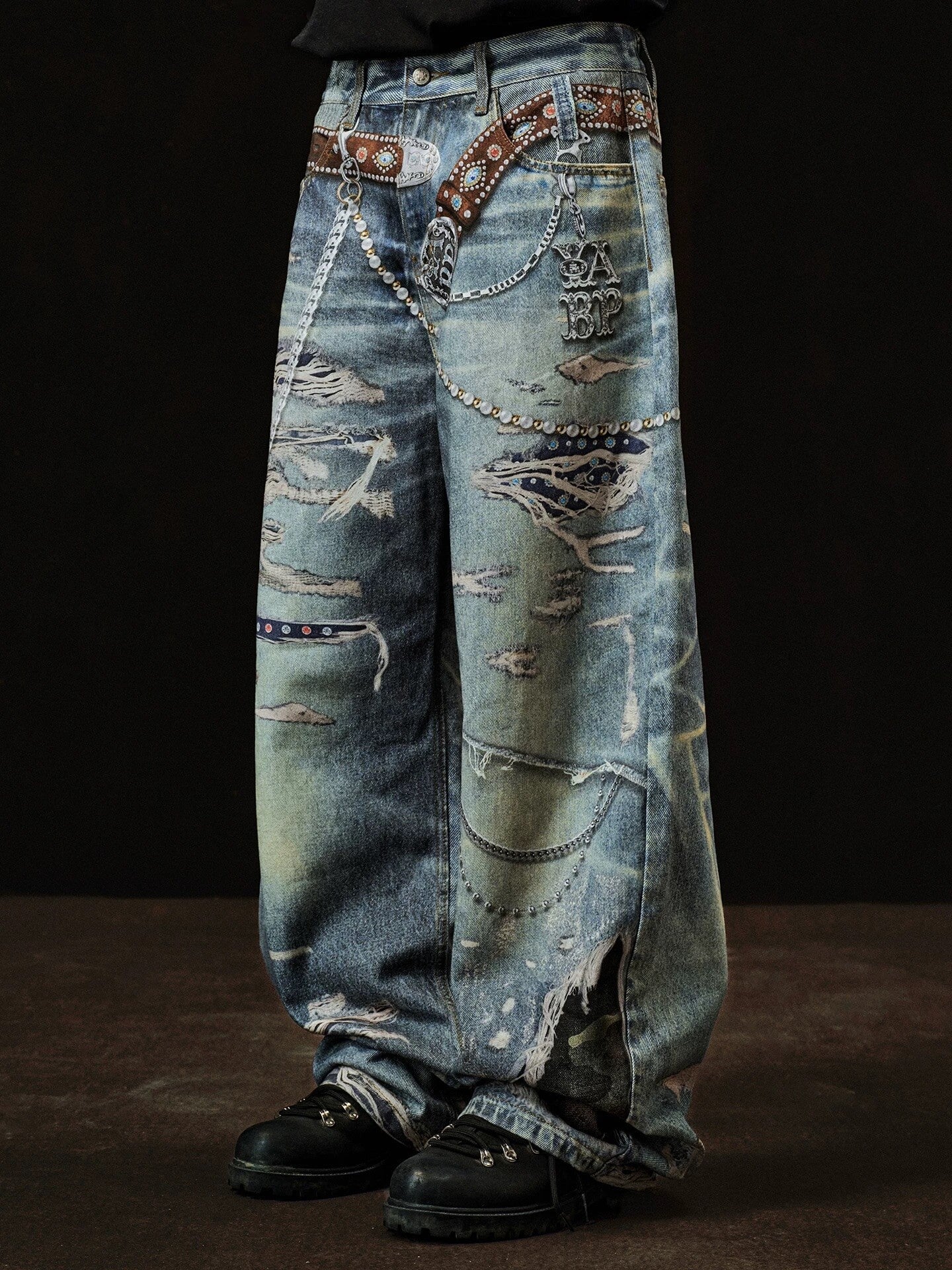 YADcrew x BIPOLAR 3D Belt Chain Digital Print Machete Jeans