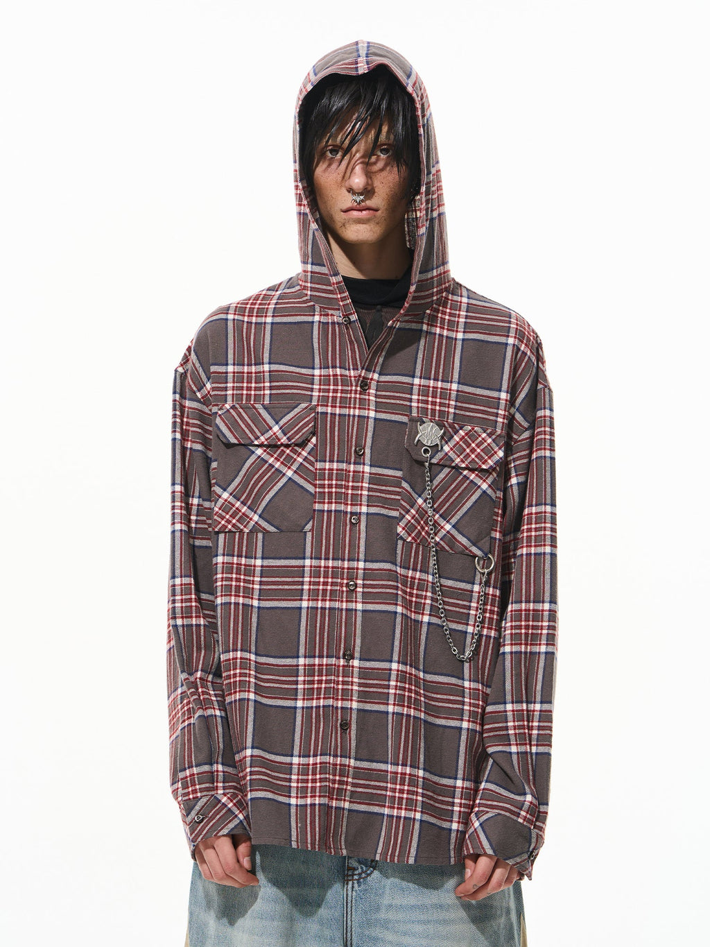 BLIND NO PLAN Metal Chain Hooded Plaid Long Sleeve Shirt