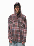 BLIND NO PLAN Metal Chain Hooded Plaid Long Sleeve Shirt
