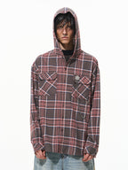 BLIND NO PLAN Metal Chain Hooded Plaid Long Sleeve Shirt