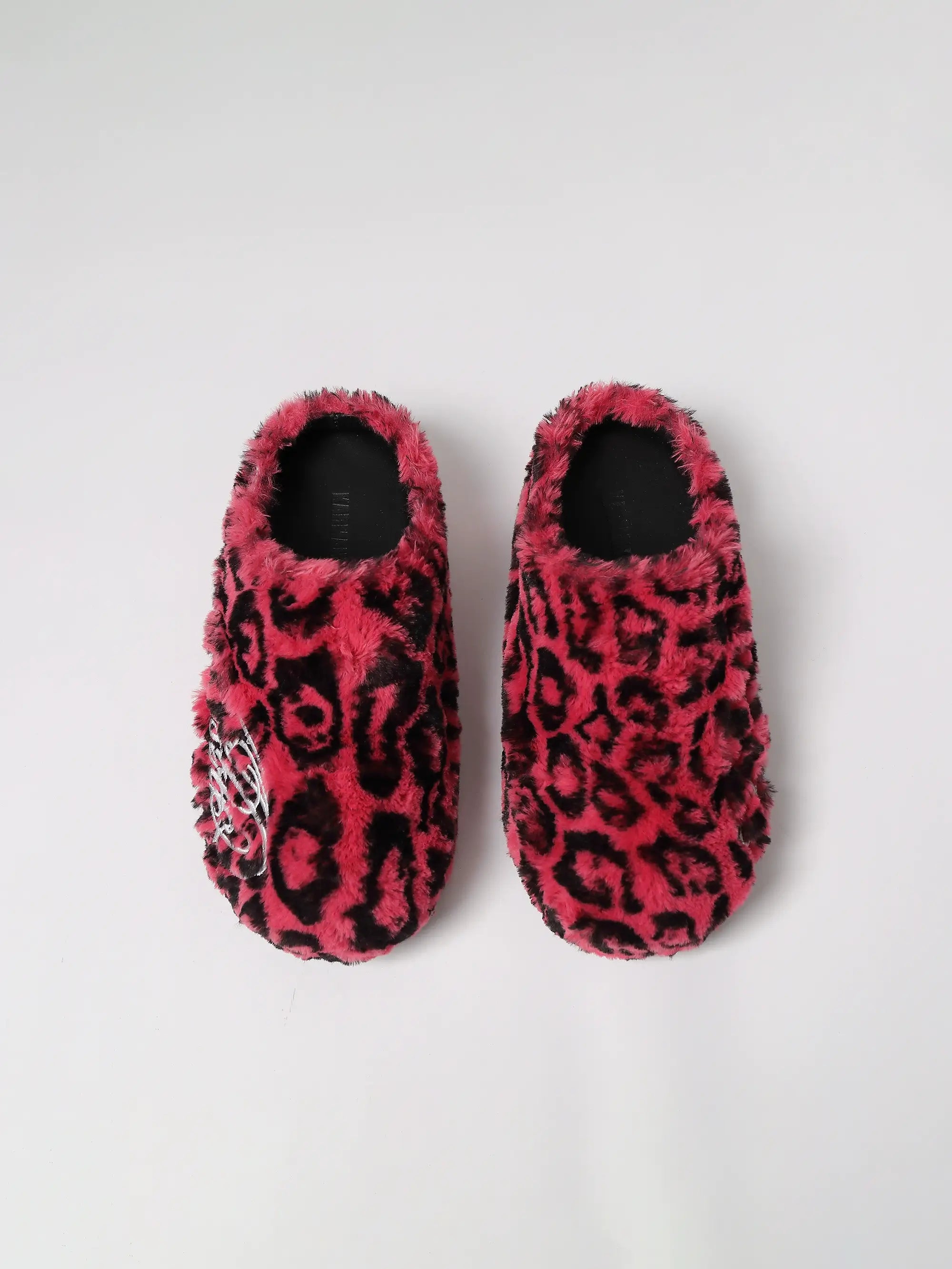 KARMANISTIC Rose White Leopard Fur Embroidered Slipper Clogs