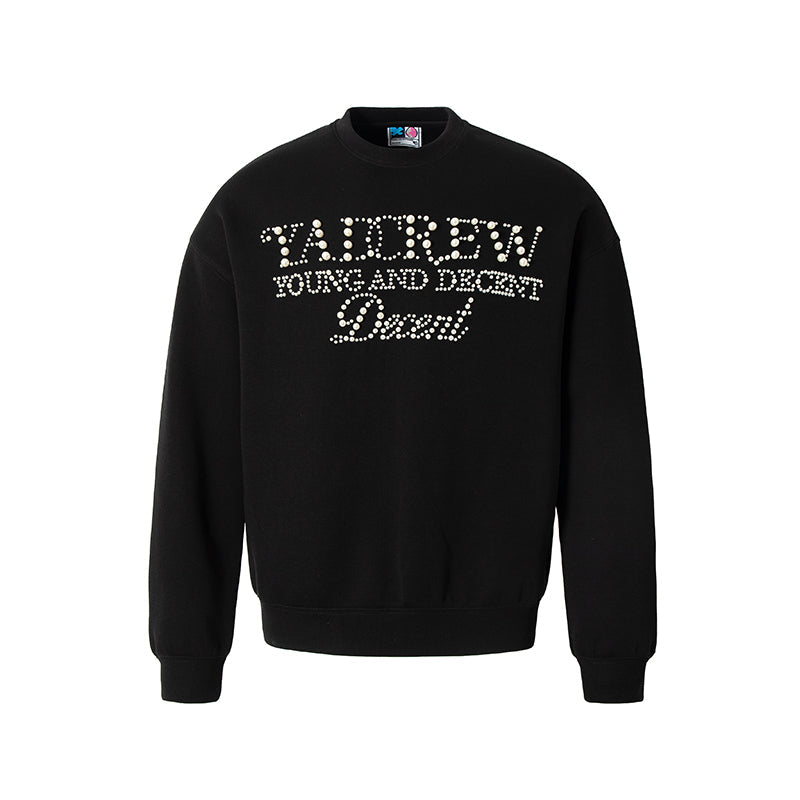 YADcrew Pearl Beadwork Text Typography Sweatshirt