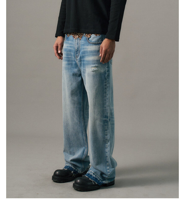S45 Leopard Patchwork Washed Flared Jeans