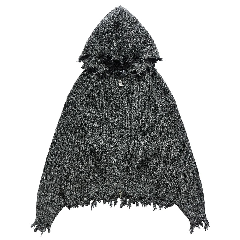 Remedy Distressed Hooded Zipper Knit Cardigan