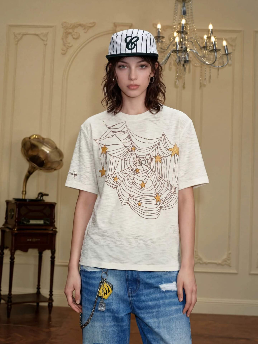YADcrew Pearl Studded Star Spider Web Print Tee