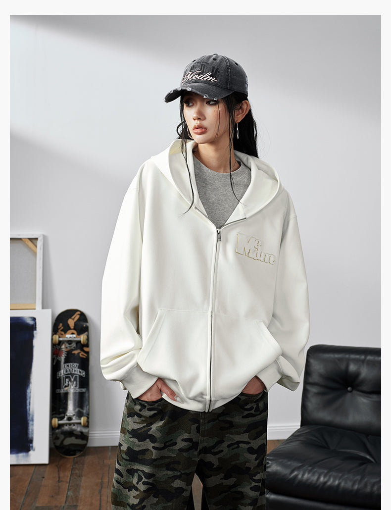 MEDM Suede Logo Patch Zip-Up Hoodie