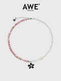 AWE Black Sunflower Pendant Stone Pearl Chain Necklace