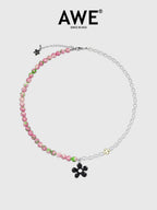 AWE Black Sunflower Pendant Stone Pearl Chain Necklace