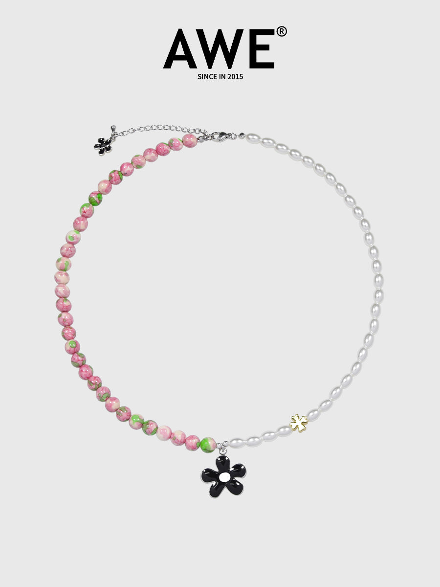 AWE Black Sunflower Pendant Stone Pearl Chain Necklace